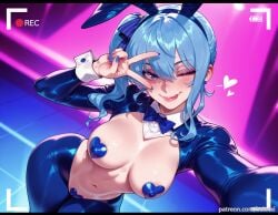 ai_generated animal_ears balecxi blue_bow blue_bowtie blue_eyes blue_hair blue_nails blush covered_nipples earrings fake_animal_ears female hair_between_eyes heart_maebari heart_pasties hololive hololive_gen_0 hololive_japan hoshimachi_suisei jewelry large_breasts looking_at_viewer meme_attire navel one_eye_closed rabbit_ears recording reverse_bunnysuit reverse_outfit selfie shrug_(clothing) side_ponytail solo star_in_eye symbol_in_eye tongue tongue_out v viewfinder virtual_youtuber