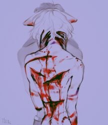 ambiguous_gender anthro back_wound bite_mark blood blood_on_hand bodily_fluids bruised digital_media_(artwork) duo ears_down ebamick faceless_character fur gash gore hair hand_on_neck hi_res mammal monotone_body monotone_fur monotone_hair pivoted_ears rear_view signature simple_background standing white_body white_fur white_hair wounded