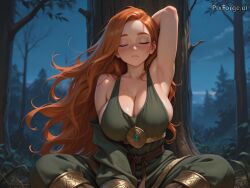 1girl ai_generated alone armpit_fetish athletic_body big_breasts closed_eyes elaborate_clothing expensive_clothing extremely_long_hair facing_viewer female female_only freckles ginger green_clothing looking_at_viewer night oversized_clothes presenting_armpit rich_clothing sitting_under_tree tree wind young