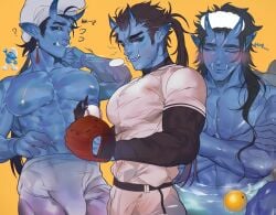 abs aommemi baseball baseball_uniform bath big_breasts big_bulge black_hair black_sclera blue_body blue_eyes breasts bulge bulge_through_clothing bulge_under_clothes convenient_censoring convenient_censorship crossing_arms different_outfits different_poses elf_ears gay horns in_water long_ears long_nails long_teeth male male_only moobs muscular muscular_male nipples oni pecs simple_background six_pack solo solo_focus solo_male towel towel_only water yaoi yellow_background