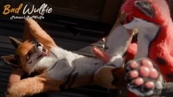 3d_(artwork) 5_fingers absurd_res anal anal_sex anthro anthro_on_anthro balls biped black_nose blender_(artwork) blender_cycles_(artwork) blue_eyes canid canine canis claws day digital_media_(artwork) digitigrade duo eyebrows fingers fluffy fox from_front_position fur genitals gloves_(marking) grass hair hi_res legs_in_air legs_up light light_truck lying male male/male male_anthro mammal markings missionary_position nude on_back orange_body orange_fur pawpads paws penetration penile penis pickup_truck plant public public_sex realistic red_(red_wulfie) red_body red_fox red_fur red_wulfie sex sky sun sunlight sunny tree truck truck_bed true_fox vehicle watermark whiskers white_body white_fur white_whiskers wolf