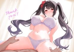 1boy :o absurdres black_hair blush bra breasts clothing_aside commentary_request commission cowgirl_position english_text female got0_naisho highres indie_virtual_youtuber large_breasts long_hair navel panties panties_aside red_eyes sex simple_background skeb_commission solo_focus stomach straddling straight thank_you thighs twintails underwear virtual_youtuber white_background white_bra white_panties yotogi_sera