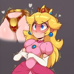ai_generated blonde_hair blue_eyes chastity chastity_belt embarrassed gold_chastity_device heart-shaped_pupils hidden_chastity hidden_chastity_belt horny horny_female huffslove nervous_smile nervous_sweat orgasm_denial pervert_female princess_peach pussy_juice secretly_loves_it self_orgasm_denial trembling under_clothes