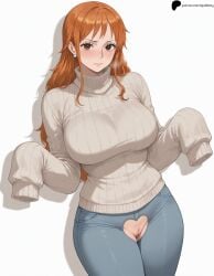 1girls ai_generated bangs blush breasts brown_eyes closed_mouth crotch_cutout denim earrings female female_only heart_cutout hi_res high_quality high_resolution highres jeans large_breasts light lips long_hair long_sleeves looking_at_viewer nami_(one_piece) nose one_piece opal_nemy orange_hair patreon_logo patreon_url patreon_username plain_background pussy self_upload shadow shiny shiny_clothes shiny_hair shiny_skin shy simple_background solo standing sweater thick_thighs tighs turtleneck turtleneck_sweater watermark white_background