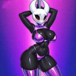 1girls ai ai_generated anthrofied big_breasts black_body black_sclera blush bra breasts eyelashes female frosting.ai grabbing_pole holding_pole hollow_knight hollow_knight:_silksong hollow_knight_(franchise) hornet_(hollow_knight) horns legwear nipple_outline no_eyes no_mouth no_nose no_pupils non-nude panties pink_light purple_background purple_bra purple_legwear purple_lingerie purple_panties purple_underwear solo standing strip_club stripper stripper_pole team_cherry thick_thighs thighs tummy underwear white_head white_horns
