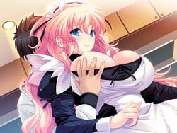 bootup! breast_grab breasts bursting_breasts censored female game_cg large_breasts maid pencil_(artist) toraba!