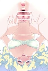 1girls anus areolae ass blonde_hair blue_eyes blush bra bra_down breasts censor_bar censored cross_pupils female_focus female_only large_breasts looking_at_viewer nia_teppelin nipples pussy smiling smiling_at_viewer solo solo_female spread_pussy tengen_toppa_gurren_lagann upside-down