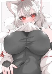 1girls 2026 animal_ears bare_shoulders big_breasts black_clothing blush breasts clothed clothing color colored digital_media_(artwork) female female_only fully_clothed grey_hair hair hi_res huge_breasts inubashiri_momiji light_skin light_skinned_female looking_away momiji_inubashiri red_eyes regua shirt_up simple_background solo stomach sweat sweatdrop touhou touhou_project viewed_from_above white_background