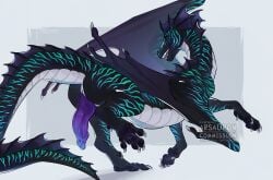 ambiguous_gender arsauron black_body caprica claws dragon ear_fins feet feral fin genitals greame green_stripes hi_res male mythological_creature mythological_scalie mythology open_mouth penis playful scalie simple_background smile solo stripes tail teeth wings