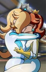 2girls breast_grab breast_press kissing lesbian_kiss mario_(series) mario_kart nintendo princess_daisy princess_rosalina super_mario_bros.