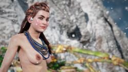 aloy bare_breasts bare_nipples breasts eyeliner female female_only game_screenshot ginger_hair green_eyes horizon_forbidden_west horizon_zero_dawn looking_at_viewer necklace necklace_only nude_female nude_mod smiling smiling_at_viewer