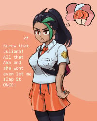 2girls chell_chan color colored dialogue english_text female female_focus female_only huge_ass imagination imagining juliana_(pokemon) medium_breasts nemona_(pokemon) pokemon pokemon_sv text