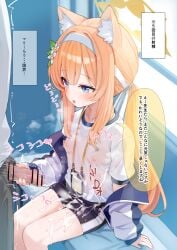 1boy absurdres animal_ear_fluff animal_ears bar_censor blue_archive blue_eyes blush breasts censored commentary_request cum female flower hair_ornament hairband halo handjob highres jacket long_hair mari_(blue_archive) mari_(track)_(blue_archive) official_alternate_costume orange_hair paid_reward_available penis see-through_clothes shirt shorts sitting small_breasts straight track_jacket translation_request variant_set white_shirt yatani_row yellow_halo