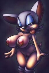 animal_ear bat big_breasts blue_eyes breasts female hair innocenttazlet nipple_piercing nipples nude piercing pussy rouge_the_bat sega sonic_(series) tongue tongue_out white_hair