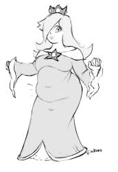 chubby chubby_belly chubby_female cindraws crown fully_clothed greyscale lips long_hair mario_(series) princess princess_rosalina rosalina sketch tight_clothing