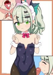 1boy 1girls alternate_costume angels_of_delusion animal_ears bare_shoulders black_leotard black_pantyhose blunt_bangs bow bowtie brown_pantyhose bunnysuit chinatsu_remiel closed_mouth clothing collarbone covered_navel cowboy_shot cum cum_in_mouth cum_on_tongue detached_collar earrings erection eyes_visible_through_hair facial fellatio female flat_chest green_eyes green_hair hair_ornament hairbow hairclip hands_up highleg highleg_leotard hoyoverse jewelry leotard long_hair looking_at_viewer maid_headdress male mihoyo mihoyo_technology_(shanghai)_co._ltd. multiple_views nipple_slip nipples oral oral_sex outside_border pantyhose penis penis_grab pink_bowtie playboy_bunny ponytail rabbit_ears red_bow red_bowtie redpmb sidelocks simple_background small_breasts solo_focus straight strapless_leotard sunna_(zenless_zone_zero) teeth tongue tongue_out wavy_mouth white_background white_collar white_wrist_cuffs zenless_zone_zero