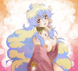 1girls areolae blonde_hair blue_eyes breasts breasts_out cross_pupils female_focus female_only gradient_background gradient_hair long_hair looking_at_viewer necklace nia_teppelin nipples open_mouth open_smile phone smiling smiling_at_viewer solo solo_female tengen_toppa_gurren_lagann yukimitsuki
