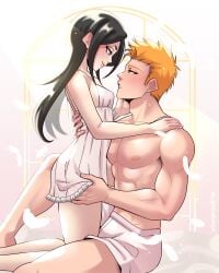 1boy 1girls black_hair bleach blush dangerousbride eye_contact female ichigo_kurosaki intimate kneeling kuchiki_rukia long_hair male muscular muscular_male orange_eyes orange_hair purple_eyes sitting smile very_high_resolution