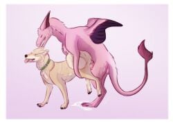aura_(averageotter) back_wings balls bodily_fluids canid canine canis claws collar cum cum_drip cum_in_vagina cum_inside cum_puddle digital_media_(artwork) doggy_style domestic_dog dragon dripping duo ejaculating_while_penetrating ejaculation feathered_wings feathers female feral from_behind_position fur genital_fluids genitals hi_res holding_butt knot knotted_penis male male/female male_penetrating mammal mythological_creature mythological_scalie mythology noxeorn ovo_(ovotheegg) penetration penis pink_body pink_fur scalie sex shiba_inu spitz spread_wings tail tan_body tan_fur tongue wings