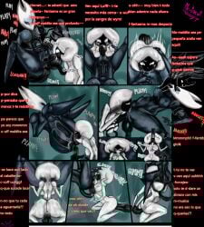 absurd_res anthro bodily_fluids breasts clothing comic duo female female/female flexible genitals group head_tuft hi_res hollow_knight:_silksong hollow_knight_(franchise) hornet_(hollow_knight) humanoid hyper hyper_genitalia imminent_vaginal lace_(hollow_knight:_silksong) long_penis male male/female misleading_thumbnail mostly_nude mouthless mr_torot musk musk_cloud musky_penis navel nipples non-mammal_breasts non-mammal_navel non-mammal_nipples non-mammal_vulva nude on_one_leg one_leg_up penis question_mark raised_leg rn_clothing sex shaking size_difference small_dom_big_sub smaller_anthro speech_bubble splits spread_legs spreading squish standing sweat sweatdrop team_cherry the_knight_(hollow_knight) thick_thighs thigh_squish torn_clothing trembling trio tuft vulva