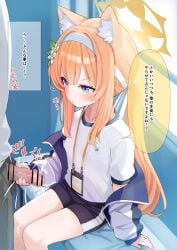 1boy absurdres animal_ear_fluff animal_ears bar_censor blue_archive blue_eyes censored commentary_request female hair_ornament hairband halo handjob highres jacket long_hair mari_(blue_archive) mari_(track)_(blue_archive) official_alternate_costume orange_hair paid_reward_available penis shirt shorts sitting speech_bubble straight translation_request variant_set white_shirt yatani_row yellow_halo