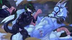 16:9 2026 balls claws clothed clothed_feral clothing cutaway digital_drawing_(artwork) digital_media_(artwork) dragon duo erection feathers feet feral feral_on_feral fingers fur genitals hi_res horn kuribon licking male mythological_creature mythological_scalie mythology oral penile penis penis_lick scalie sex smile tail teeth toes tongue widescreen wings