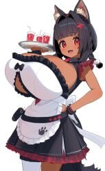 animal_ear_fluff animal_ears apron arm_up black_hair black_skirt blush braid breasts cleavage clothing_cutout cup dark-skinned_female dark_skin drink drinking_glass drinking_straw female female_only frills gigantic_breasts hair_intakes hair_ornament hand_on_own_hip holding holding_tray lulu_kamiya maid medium_hair nanaushi oerba_yun_fang open_mouth original paw_print red_eyes side_braids sideboob simple_background single_thighhigh skin_fang skirt smile solo tail thighhighs tray twin_braids underboob_cutout white_apron white_background white_thighhighs wolf_ears wolf_girl wolf_tail