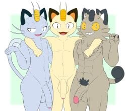 alolan_form alolan_meowth anthro arm_around_back arm_around_neck balls big_balls big_penis black_body black_fur brown_body brown_eyes brown_fur casual_nudity cheek_tuft claws crotch_tuft cute_fangs facial_tuft fangs flaccid foreskin fur galarian_form galarian_meowth gay generation_1_pokemon generation_7_pokemon generation_8_pokemon genitals grey_body grey_fur group hi_res homosexual humanoid_genitalia humanoid_penis kamek_sans looking_at_viewer male male_only meowth muscular muscular_anthro muscular_male nintendo penis pokemon pokemon_(species) pubes regional_form_(pokemon) sharp_teeth sketch smile smiling_at_viewer tan_body tan_fur teeth thick_thighs trio tuft whiskers wide_hips yellow_sclera