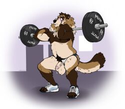 2025 anthro armpit_hair balls barbell big_balls blush bodily_fluids body_hair brown_body brown_fur canid canine clothed clothing crouching erection footwear fur furgonomic_footwear furgonomics genital_fluids genitals hi_res humanoid_genitalia humanoid_penis jockstrap labradorszn male male_anthro mammal musclegut muscular muscular_anthro muscular_male nipples penis pink_penis precum precum_string pubes raccoon_dog slightly_chubby slightly_chubby_anthro slightly_chubby_male solo tail tan_body tan_fur tan_penis tanuki topless topless_anthro topless_male underwear vein veiny_penis wardrobe_malfunction