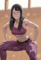 ai ai_art ai_assisted ai_generated armpits belly belly_button big_thighs black_hair clothed crop_top eizouken_ni_wa_te_wo_dasu_na! freckles freckles_on_face grey_eyes kanamori_sayaka non_nude smile smiling smirk steam sweat sweating thighs yoga yoga_pants yoga_pose