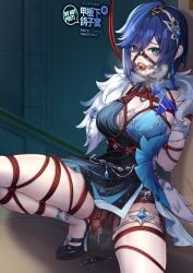 arms_behind_back ball_gag blue_dress blue_eyes blue_hair bondage bound box_tie breasts cleavage dildo dress female gag gag_harness gagged genshin_impact high_heels highres large_breasts leash looking_at_viewer object_insertion pussy_juice restrained sex_toy shibari_over_clothes skindentation solo spread_legs squatting thighs vaginal_object_insertion vaginal_penetration wiffle_gag yelan_(genshin_impact) yelan_(tranquil_banquet)_(genshin_impact) yiduan_zhu