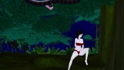 1boy 1girls 3d angry black_hair breasts cleavage fat_tits frown huge_breasts jungle kaa koikatsu lipstick loincloth mrkoiru outdoors pale_skin ruby_rose rwby short_hair silver_eyes snake the_jungle_book tree wide_hips