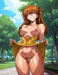 1girls ai_generated asuka_langley_sohryu blush breasts breasts_out close-up dress erect_nipples exhibitionism female flashing flashing_breasts flashing_pussy neon_genesis_evangelion nipples no_bra no_panties outdoors outside presenting presenting_breasts pubic_hair public public_exposure public_indecency public_nudity pussy shiny_skin sundress sunny sweat sweating thick_ass thigh_gap yellow_dress