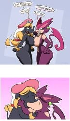 after_transformation berret blonde_hair boob_on_boob boob_press breast_on_breasts breast_press breasts breasts_out canine cat_ears cat_girl cat_tail catgirl chabble claws cussing dog_girl dog_tail earrings fangs feline fighting furfrou insult jessie_(pokemon) kissing meme pointing pokemon pokemon_(species) post-transformation purrloin serena_(pokemon) tail transformation white_hair