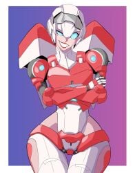 arcee blue_eyes crossed_arms dyxov red_lipstick robot robot_girl robot_humanoid thighs transformers wide_hips