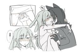 2girls animal_ears arms_around_neck bang_dream! bang_dream!_it's_mygo!!!!! blush chinese_text closed_eyes commentary dress ear_blush fingering gloves green_hair greyscale hand_in_another's_hair hashtag-only_commentary heart jacket jenjen kemonomimi_mode long_hair monochrome multiple_girls parted_lips pussy_juice pussy_juice_on_fingers pussy_juice_trail rabbit_ears speech_bubble spoken_heart spot_color translation_request wakaba_mutsumi wolf_ears yahata_umiri yuri