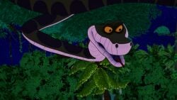 1boy 1girls 3d angry black_hair breasts cleavage fat_tits frown huge_breasts jungle kaa koikatsu lipstick loincloth mrkoiru outdoors pale_skin ruby_rose rwby short_hair silver_eyes snake the_jungle_book tree wide_hips