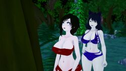 2girls 3d angry animal_ears animal_print animal_print_bikini ass black_hair blake_belladonna breasts cat_ears catgirl cleavage fat_ass frown huge_ass huge_breasts koikatsu lipstick loincloth mrkoiru pale_skin ruby_rose rwby short_hair silver_eyes the_jungle_book yellow_eyes