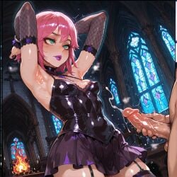1:1 1boy 1boy1girl 1girl1boy 1girls 1girls1boy aged_up aged_up_character ai ai_art ai_assisted ai_generated annie(aged-up) annie_hastur armpits arms_up breasts church church_interior cum cum_on_body cumshot cumshot_on_chest female fishnets goth goth_girl gothic green_eyes high_resolution highres horny jerking jerking_off jerkingoff latex latex_clothing league_of_legends lipstick pink_hair purple_lipstick sweat