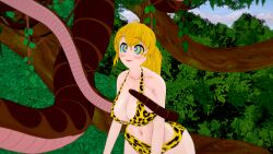 1girls 3d animal_print ass bikini blonde_hair cleavage coiling failed_resistance fat_tits happy_trance huge_ass huge_breasts hypnosis jungle kaa kaa_eyes koikatsu leaning_forward leopard_print leopard_print_bikini lipstick long_hair midriff mind_control mindless mrkoiru outdoors ponytail red_lipstick rwby smile snake swimsuit the_jungle_book tree wide_hips yang_xiao_long
