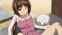 10s 1girls 2012 animated breasts brown_hair buttons clothes_lift female frilled_skirt frills kanako_okunaga koiito_kinenbi_the_animation large_breasts legs_apart long_sleeves one_eye_closed panties ponytail shopping_bag sitting tagme underwear vest waistcoat white_panties