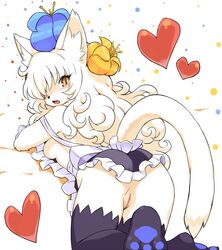 all_fours anthro blush breasts feline female flower fur furry hair heart looking_back maid maid_uniform presenting pussy sideboob solo stockings white_hair wkar yellow_eyes