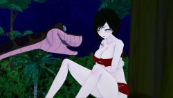 1boy 1girls 3d annoyed black_hair breasts cleavage fat_tits frown huge_breasts jungle kaa kaa_eyes koikatsu lipstick loincloth midriff mrkoiru outdoors pale_skin ruby_rose rwby short_hair silver_eyes snake the_jungle_book tree wide_hips