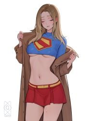 absurdres belt breasts brown_coat brown_hair closed_eyes coat commentary crop_top crop_top_overhang dc_comics female highres long_hair navel open_clothes open_coat opened_by_self parted_lips quilm red_skirt simple_background skirt solo standing stomach supergirl superhero_costume superman_(2025) superman_(series) superman_logo underboob white_background yellow_belt