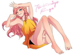 1boy androgynous ass barefoot blush bottomless crossdressing femboy long_hair lying male male_only mamezaru on_back penis pink_hair shirt smile solo testicles trap tsukimiya_ringo uta_no_prince-sama wink