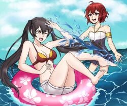 2girls alisa_(vallurite) alluring alternate_costume arm_up barefoot bikini black_hair black_one-piece_bikini cleavage fire_emblem fire_emblem_awakening high_res legs_up long_hair medium_breasts morgan_(fire_emblem) morgan_(fire_emblem)_(female) multiple_girls navel nintendo one-piece_bikini one_eye_closed open_mouth pink_innertube red_bikini red_hair severa_(fire_emblem) short_hair siblings sisters small_breasts smile splashing swimsuit thighs twintails water