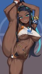 adapted_costume areola_slip armband armlet belly_chain bikini blue_background blue_eyes blue_eyeshadow blue_gloves blue_hair blush braid breasts clenched_teeth clitoris covered_nipples crop_top dark-skinned_female dark_skin earclip earrings embarrassed eyelashes eyeshadow feet_out_of_frame female female_pubic_hair furrowed_brow gloves grey_background hair_bun half_up_braid highres hoop_earrings jewelry kneepits large_breasts leg_up long_hair looking_at_viewer makeup micro_bikini multicolored_hair navel necklace nessa_(pokemon) nt00 parted_lips pokemon pokemon_swsh pubic_hair scowl simple_background single_glove single_hair_bun solo split standing standing_on_one_leg standing_split sweat sweatband swimsuit tankini teeth two-tone_background two-tone_hair uncensored underboob