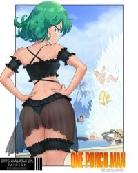 2girls 4boys absurdres arm_strap ass bald bare_shoulders bikini black_bikini black_hair black_sclera blonde_hair blush border breasts closed_mouth colored_sclera comic_cover_redraw commentary copyright_name cowboy_shot cyborg derivative_work dismaiden dumptruck_ass english_commentary fat_ass fat_breasts flat_belly flipped_hair frilled_bikini frilled_thigh_strap frills from_behind fubuki_(one-punch_man) genos goggles green_bikini green_eyes green_hair hands_on_own_hips hat highres innertube king_(one-punch_man) large_breasts looking_at_viewer looking_back multiple_boys multiple_girls one-punch_man onsoku_no_sonic outside_border paid_reward_available palm_tree partially_submerged patreon_username saitama_(one-punch_man) see-through_clothes short_hair sideways_mouth small_breasts solo_focus standing sun_hat swim_goggles swim_ring swimming swimsuit tank_top tatsumaki thigh_strap thong_bikini tree twitter_username water white_border white_hat white_tank_top
