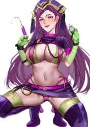 belt between_fingers bikini black_footwear blush boots braid breasts cosplay female florence_nightingale_(fate) florence_nightingale_(trick_or_treatment)_(fate) gloves green_bikini green_gloves green_legwear hat large_breasts layered_bikini long_hair microskirt navel purple_bikini purple_eyes purple_footwear purple_hair revealing_clothes short_sleeves shrug_(clothing) side-tie_bikini single_braid skirt solo squatting stethoscope swimsuit syringe thigh_boots thighhighs thighhighs_under_boots tongue very_long_hair