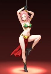 1girl ai_generated boku_no_hero_academia cleavage crossover crossover_cosplay goggles_on_head hatsume_mei mei_hatsume my_hero_academia pole_dancing slave_bikini slave_leia_(cosplay) solo_female spotlight star_wars stripper_pole
